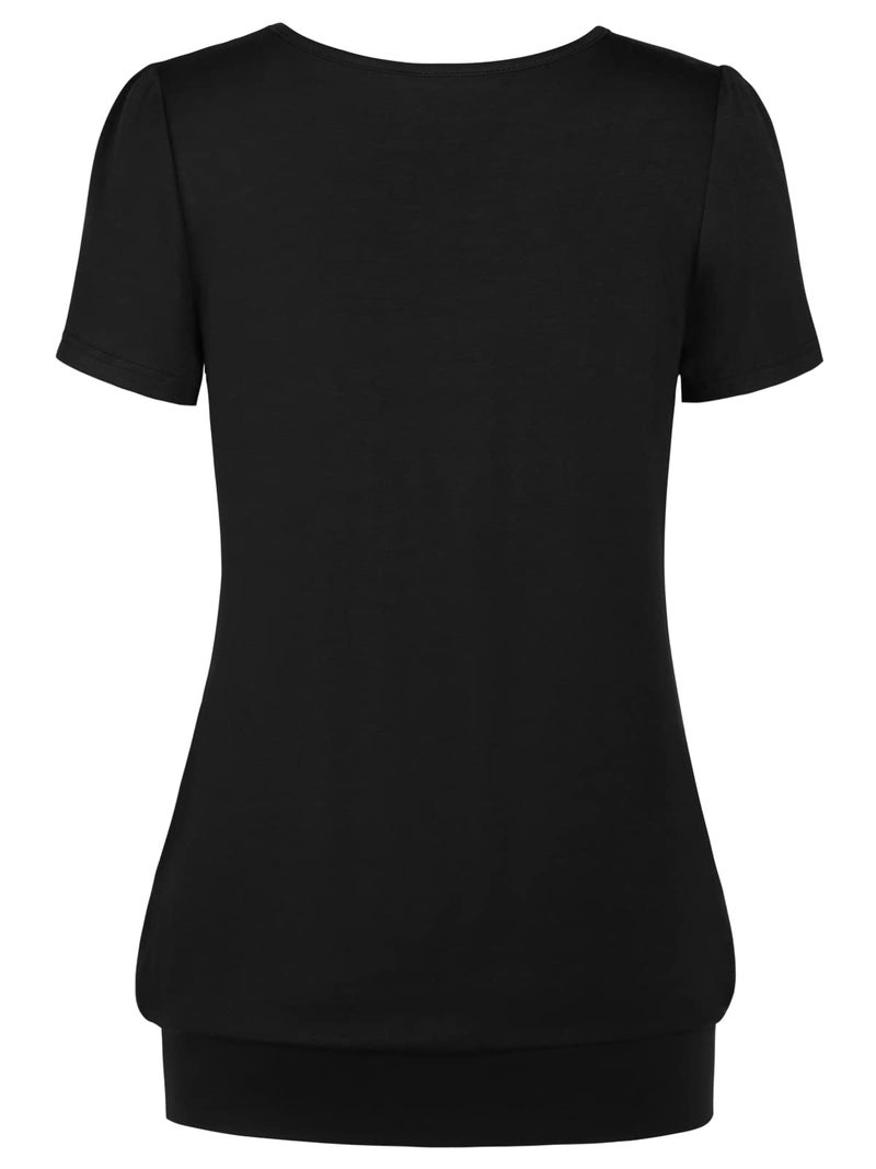 DJT Women's Short Sleeve Summer Tops Scoop Neck Pleated Front Casual Tee T Shirt L Solid Black - Image 2